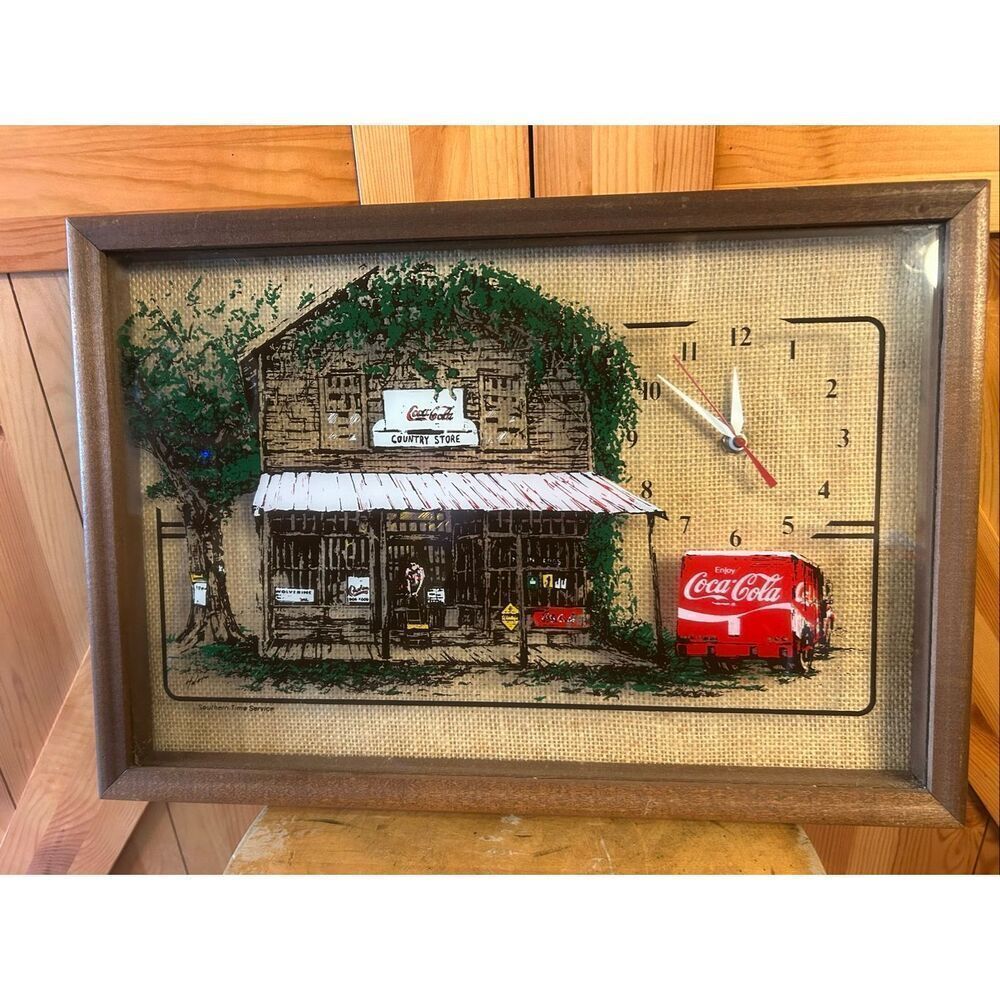 Vtg Coca Cola Country Store Picture Clock Painted Glass Framed Shadow Box (5665)